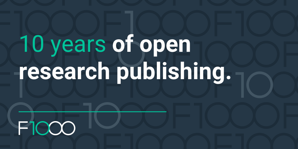 Image description: dark background with repeated F1000 logo and white text. Text reads: 10 years of open research publishing.